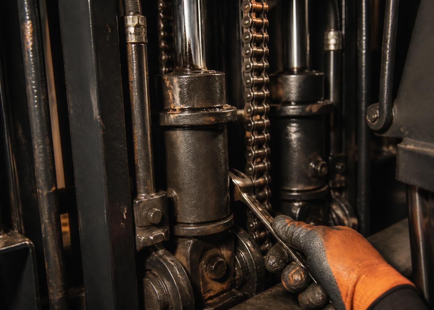 Close-up of forklift mast hydraulics being serviced